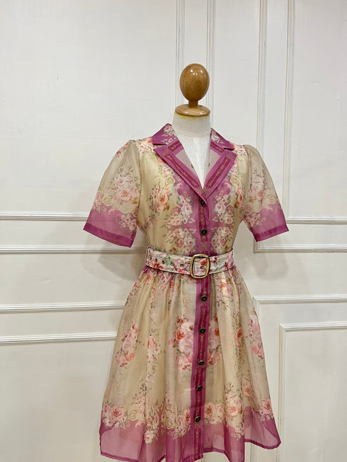 High Quality Floral Print Belted Short Sleeves Mini Dress